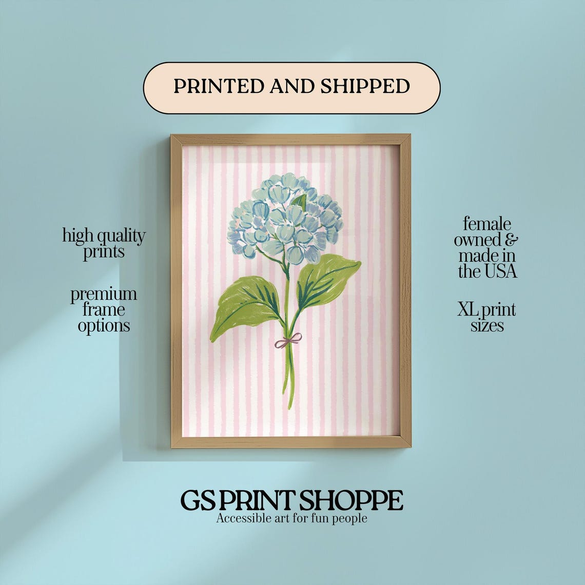 Blue Hydrangea Bloom Pink Striped Background Botanical Art Poster