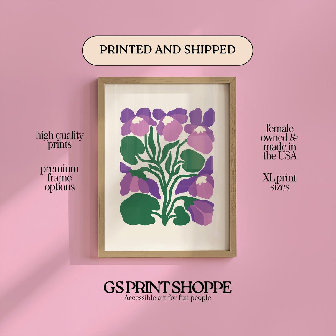 Purple Violet Flowers Abstract Naive Botanical Art Print Decor