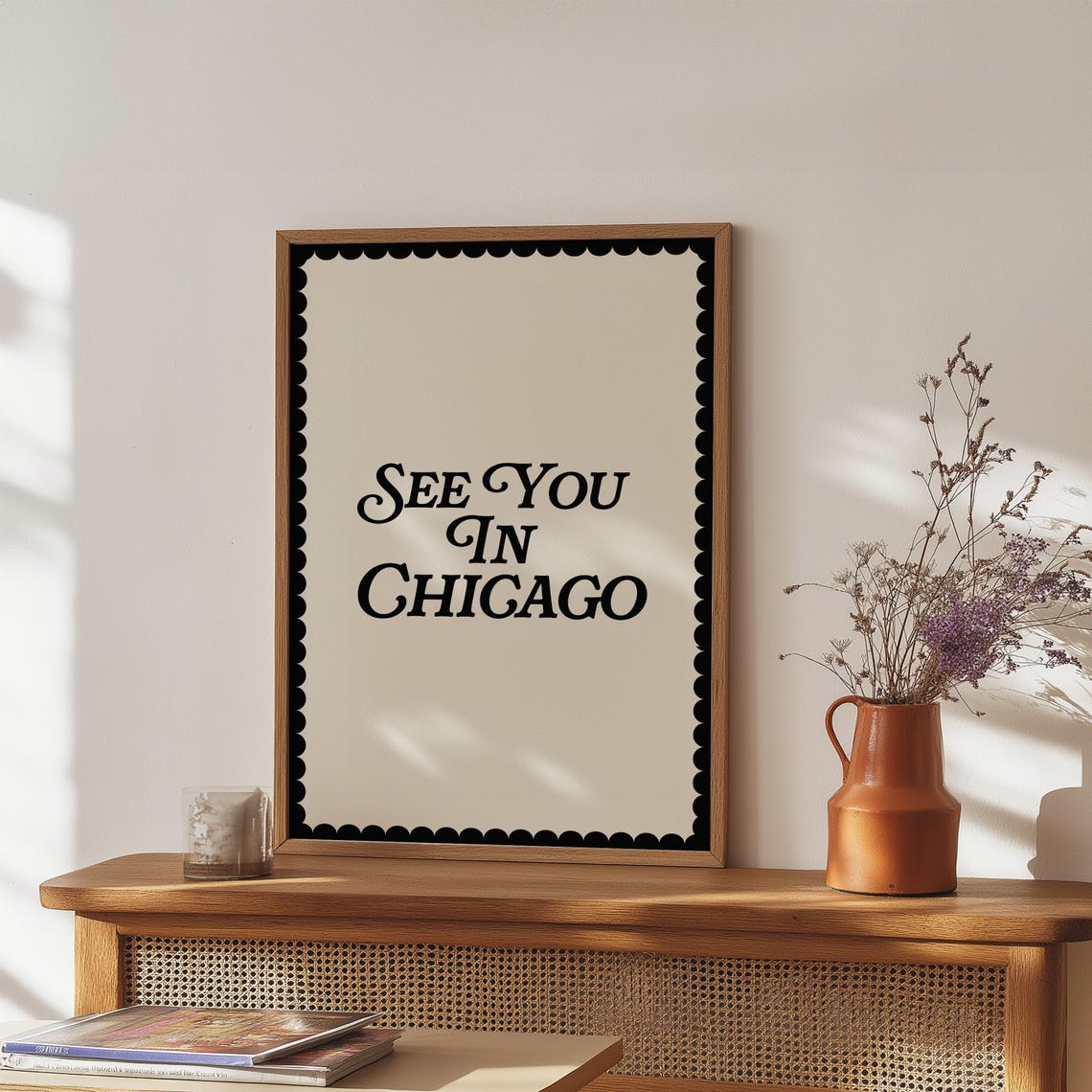 See You In Chicago Retro Typography Cream Black Scalloped Poster