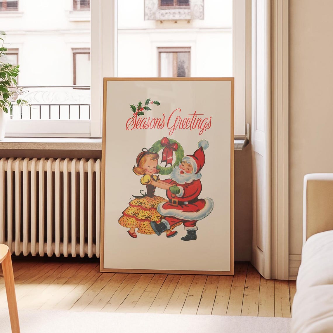 Seasons Greetings Santa Poster Dancing Girl Retro Christmas Art