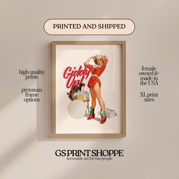 Giddy Up Retro Cowgirl Pin-Up Western Vintage Illustration Poster