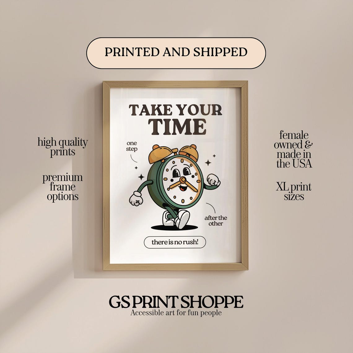 Take Your Time Alarm Clock Character No Rush Retro Quote Wall Art