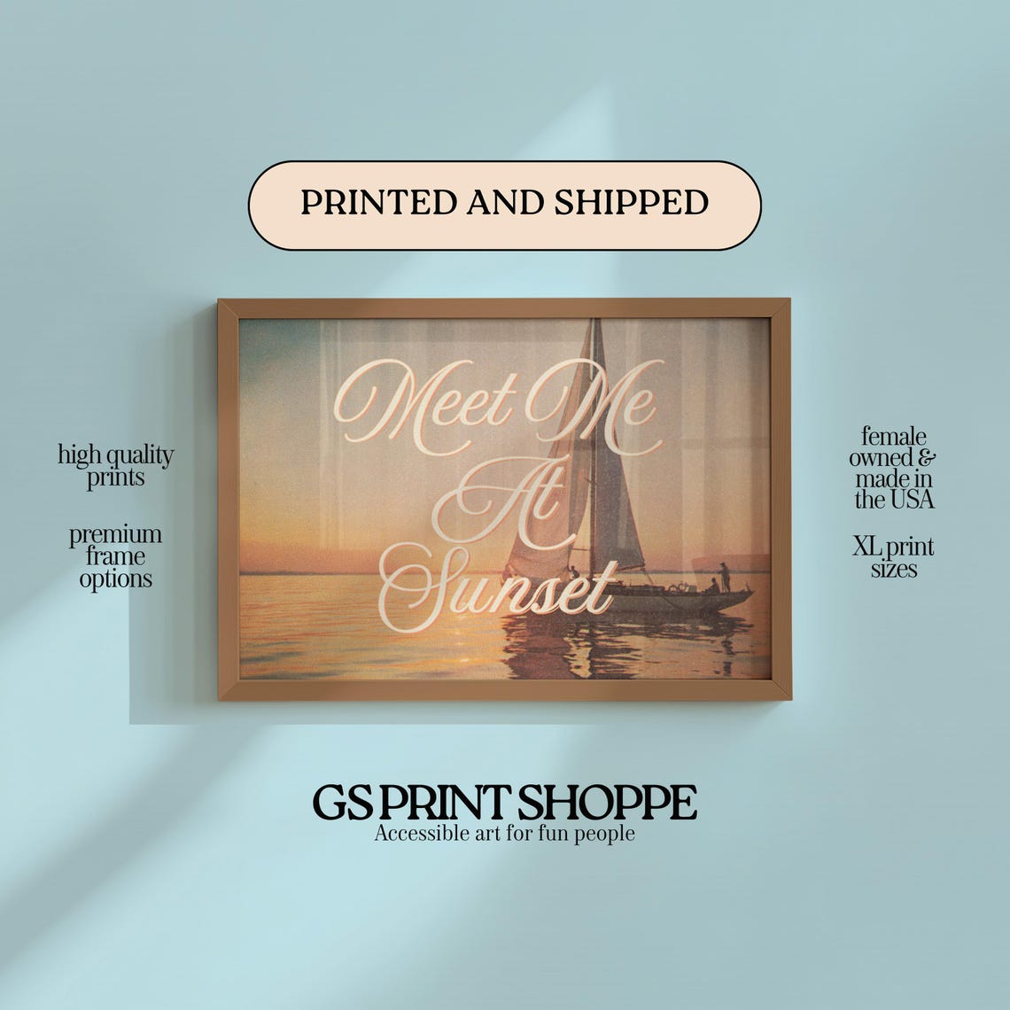 Meet Me At Sunset Sailboat Retro Script Coastal Photo Poster