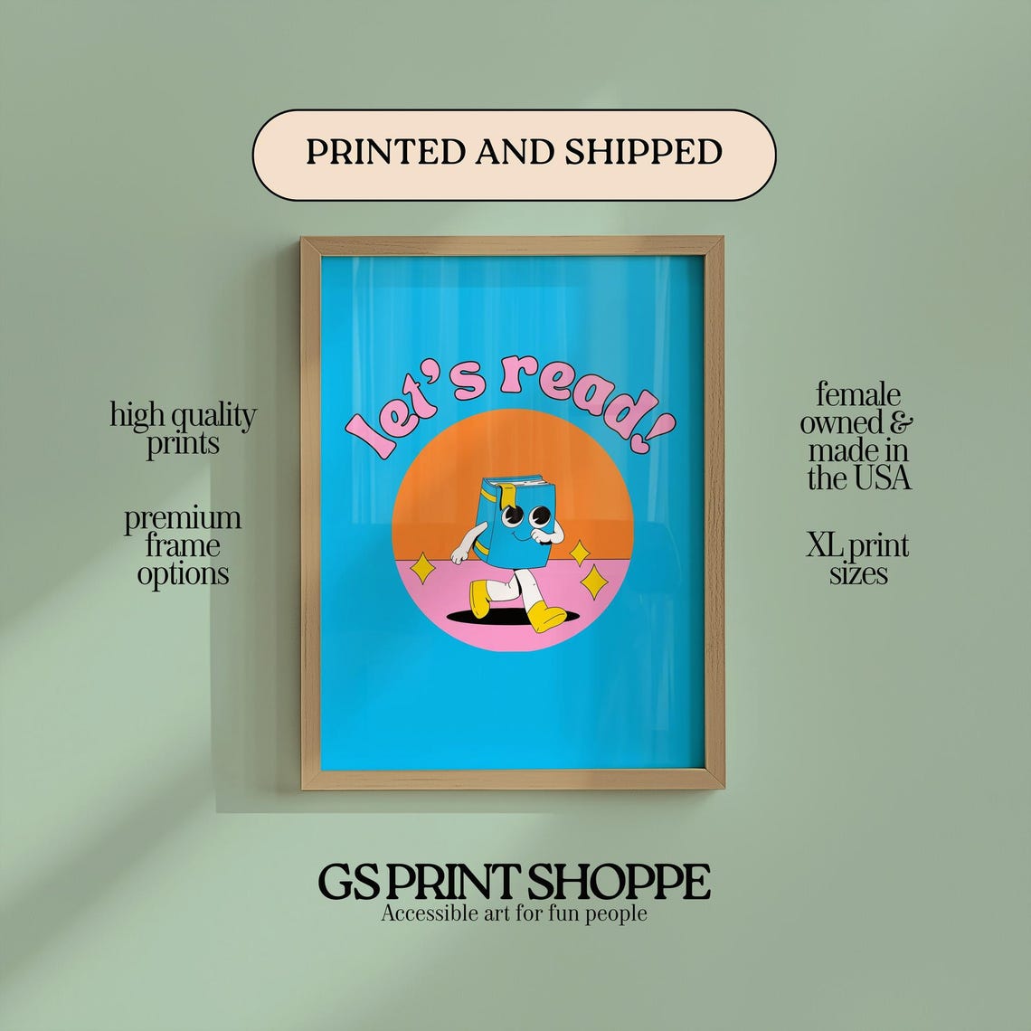 Blue Lets Read Cute Cartoon Book Mascot Retro Classroom Poster