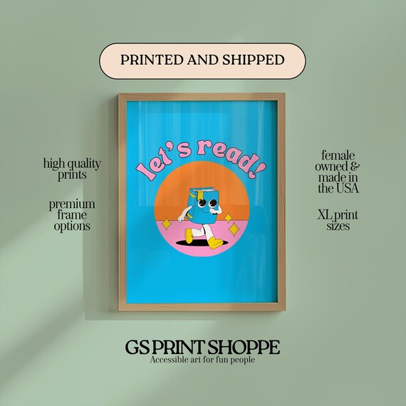 Blue Lets Read Cute Cartoon Book Mascot Retro Classroom Poster
