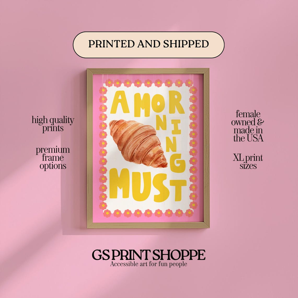A Morning Must Croissant Pink Floral Cute Breakfast Art Poster