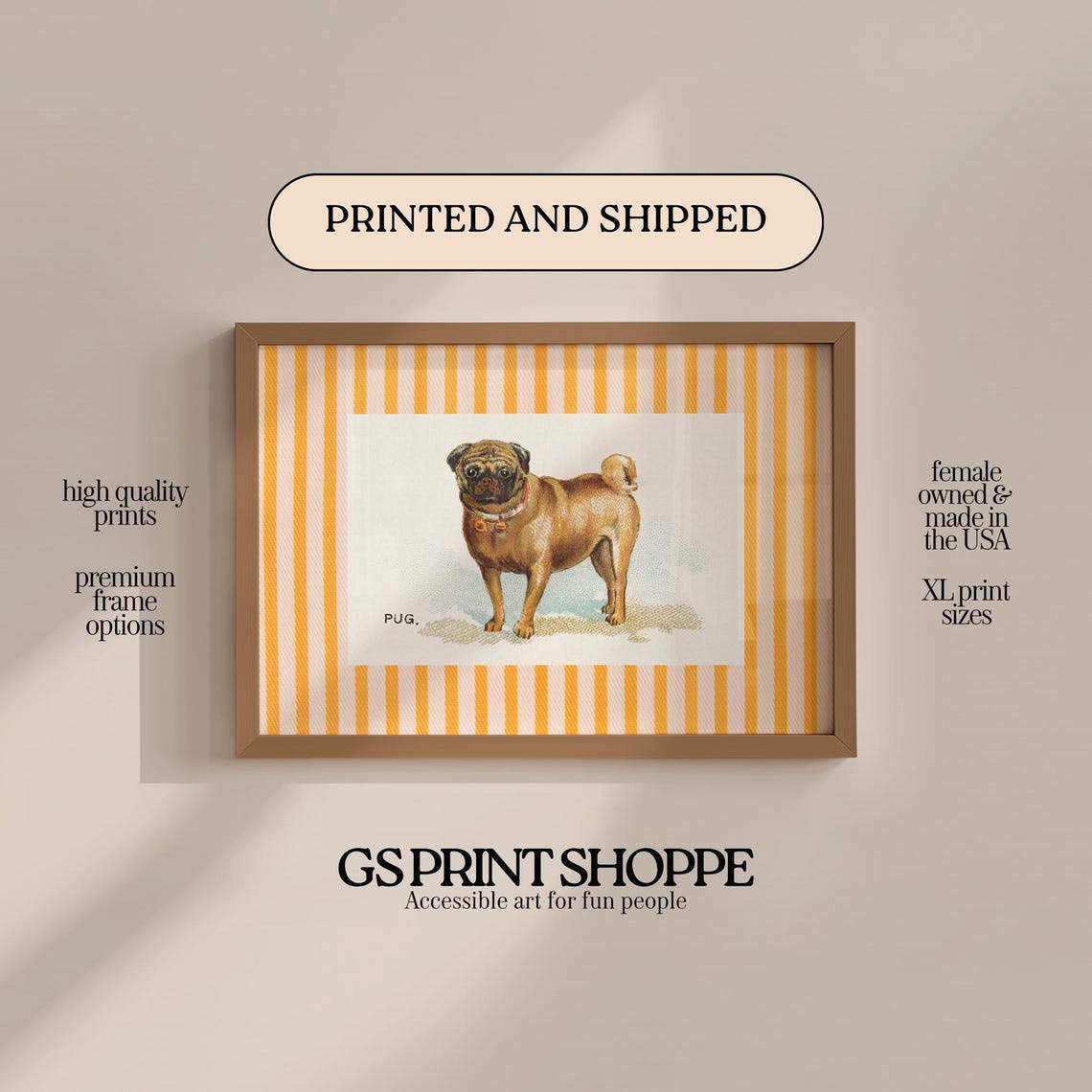 Vintage Pug Dog Illustration Orange Striped Retro Wall Decor Poster