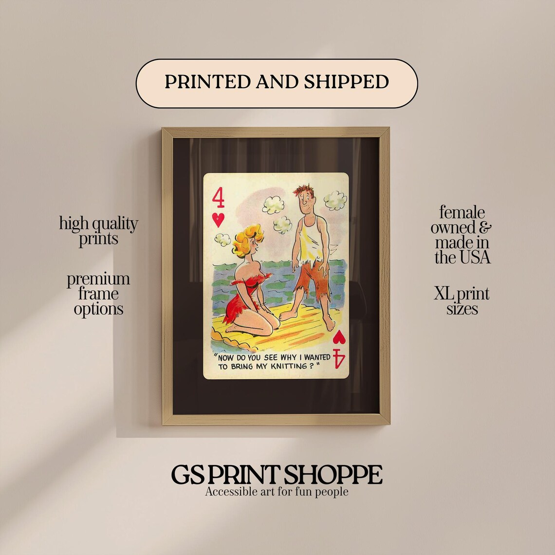Funny Vintage Playing Card Cartoon Four Of Hearts Deck Art Print