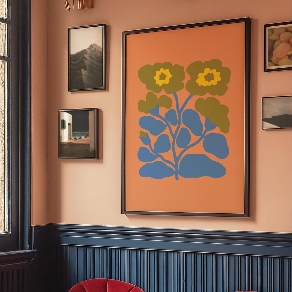 Green Flowers Blue Leaves Orange Abstract Botanical Art Poster