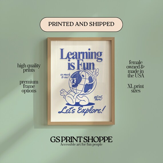 Retro Blue Learning Is Fun Cartoon Globe Explorer Classroom Poster