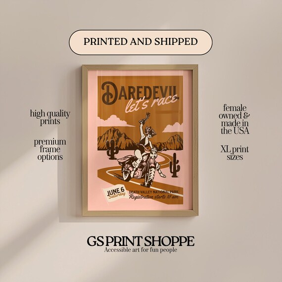 Daredevil Lets Race Retro Motorcycle Desert Race Event Poster