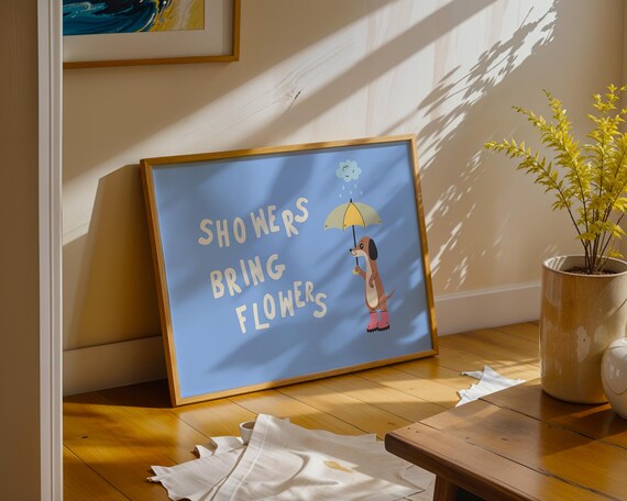 Showers Bring Flowers Cute Dog Umbrella Blue Kids Room Art Print