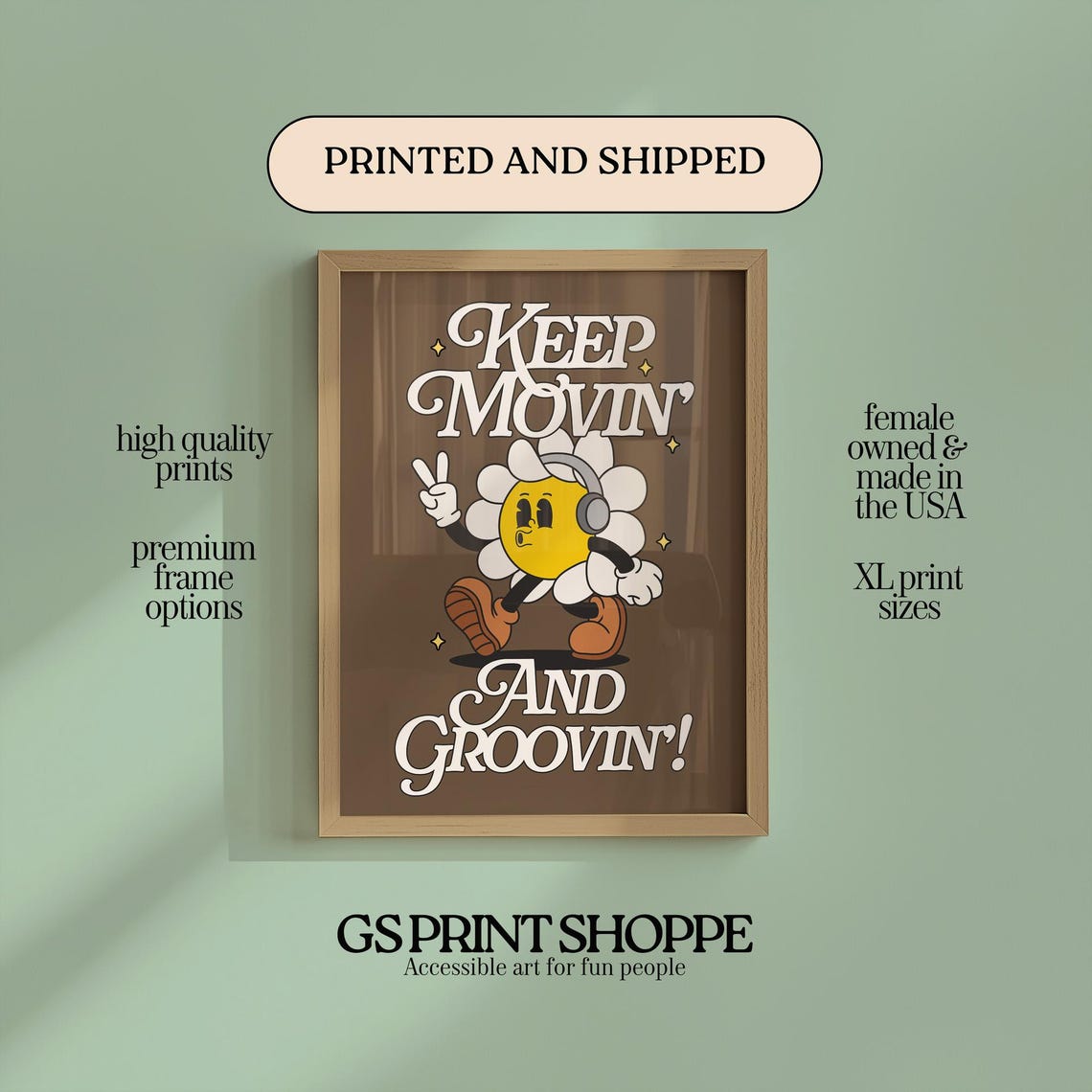 Keep Movin And Groovin Retro Flower Headphones Mascot Poster