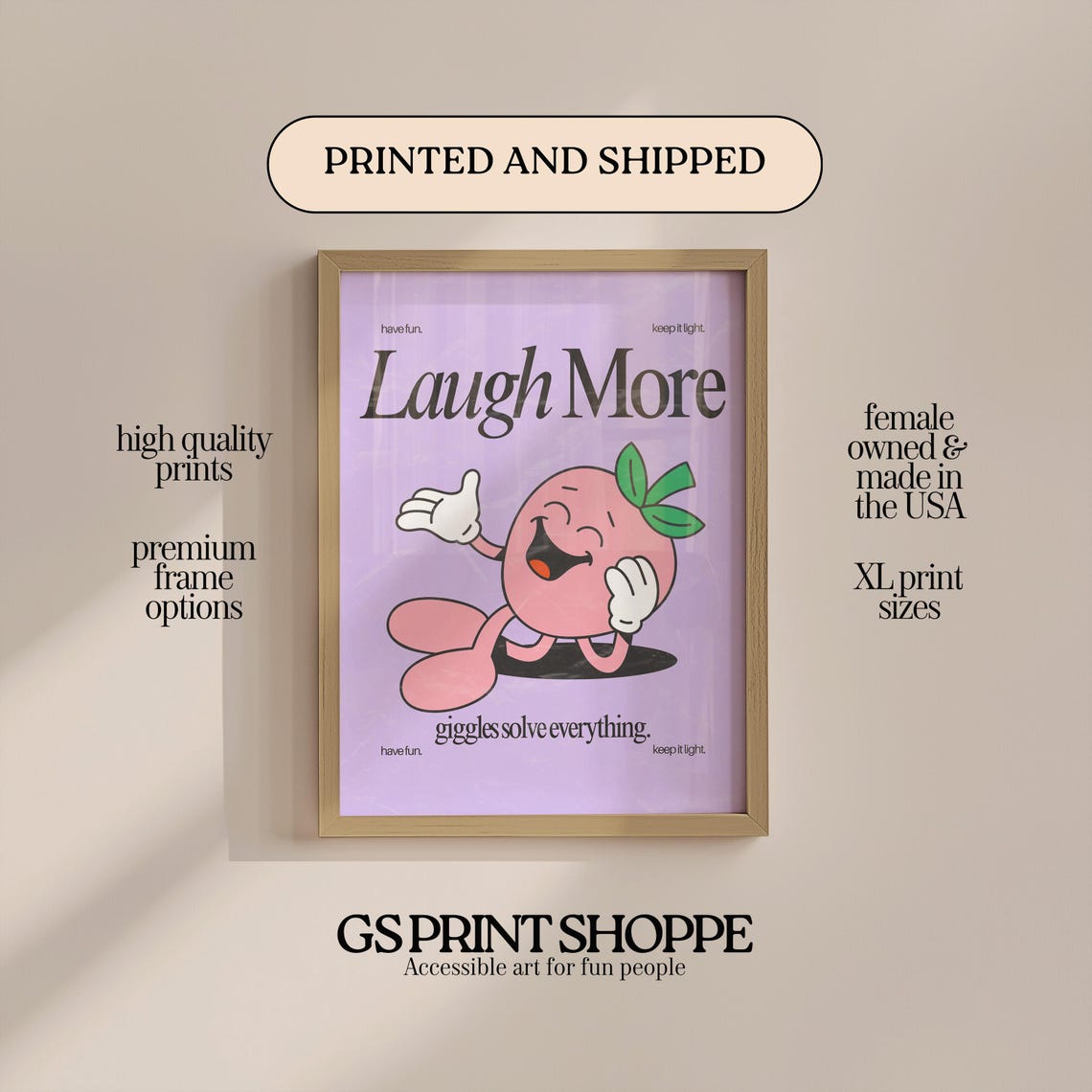 Laugh More Purple Retro Cartoon Peach Character Funny Quote Poster