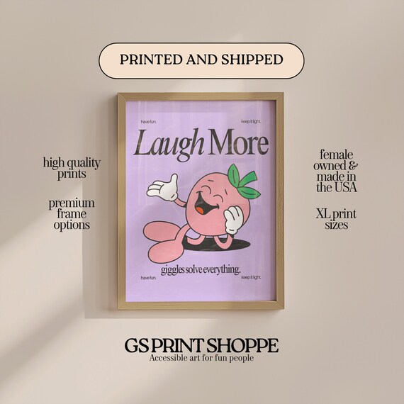Laugh More Purple Retro Cartoon Peach Character Funny Quote Poster