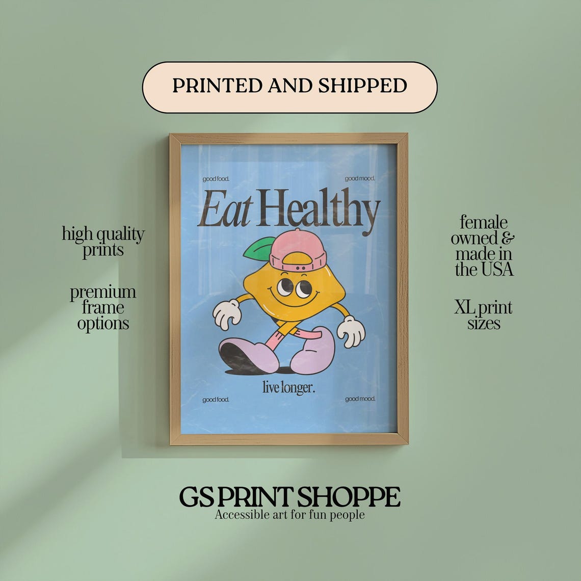 Eat Healthy Live Longer Citrus Retro Motivational Quote Art Poster