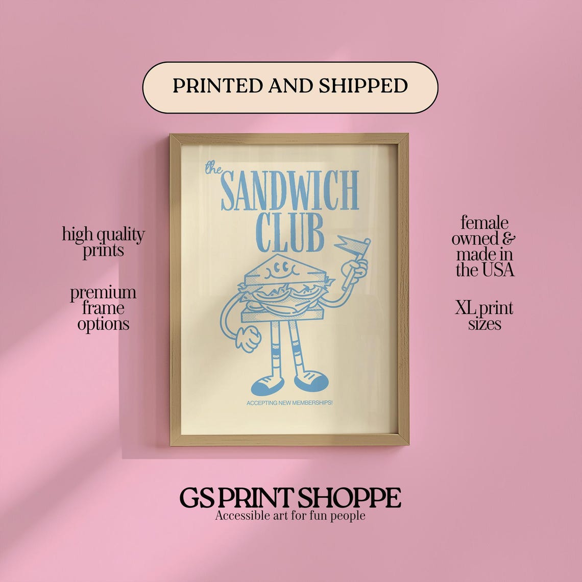 The Sandwich Club Retro Cartoon Mascot Kitchen Diner Bar Poster