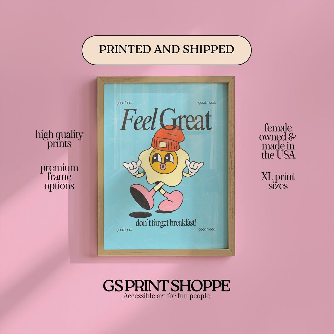 Feel Great Poster Cute Fried Egg Mascot Breakfast Kitchen Quote