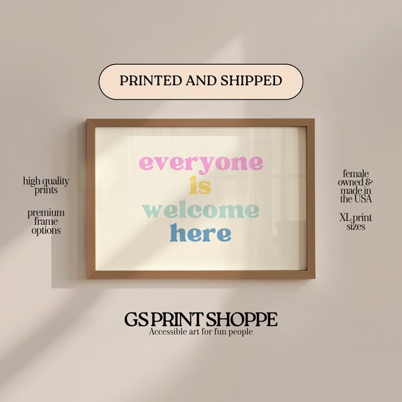 Everyone Is Welcome Here Rainbow Pastel Typography Quote Wall Art