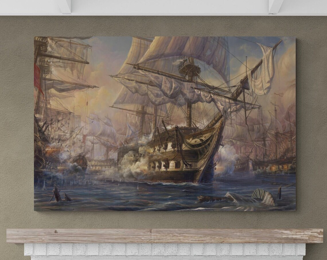Tall Ships Naval Battle Golden Cannon Fire Historic Sea Art Poster - Image 3