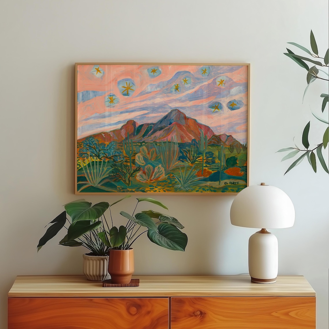 Desert Sunset Cactus Print, Mid-Century Western Landscape