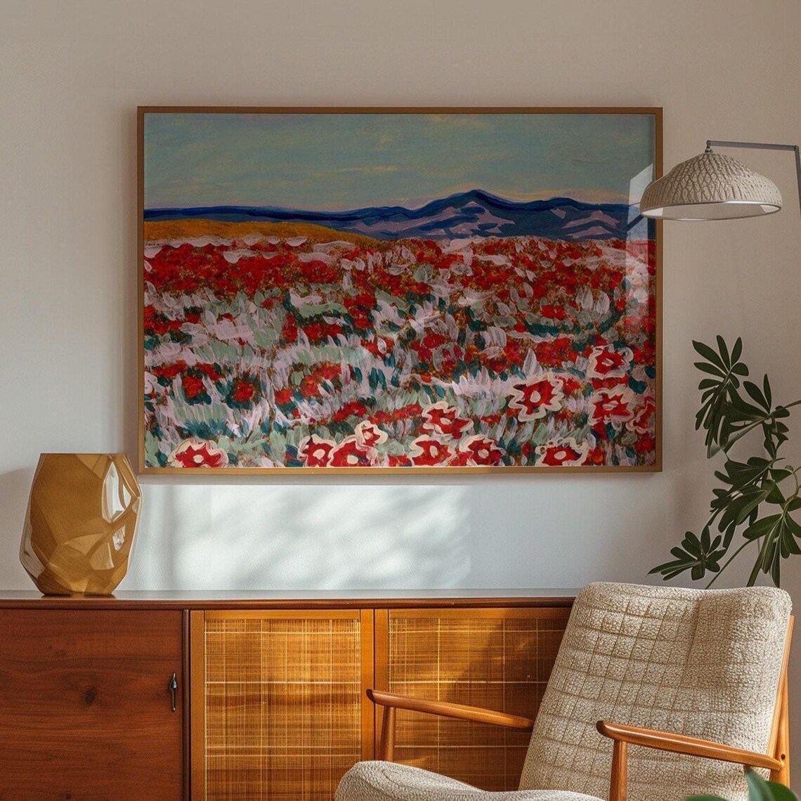 California Poppy Field Art Print, Mountain Landscape