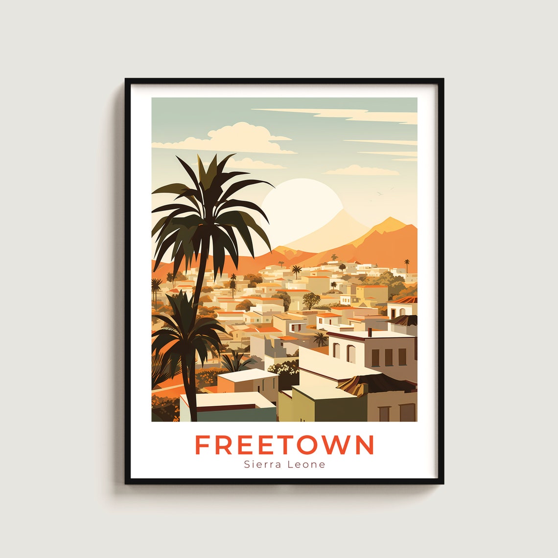 Freetown Sierra Leone Rooftops Palm Sunset City Travel Poster