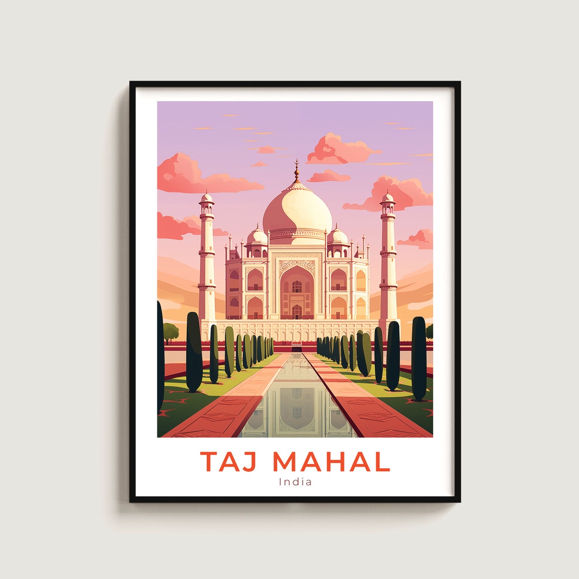 Taj Mahal India Marble Tomb Gardens Reflecting Pool Vintage Poster