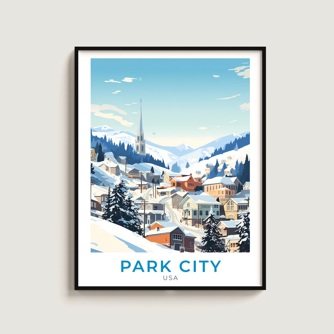 Park City USA Snowy Mountain Town Church Steeple Ski Resort Poster