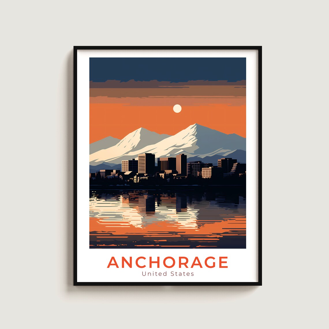 Anchorage Alaska Snowy Mountain City Sunset Vintage Travel Poster