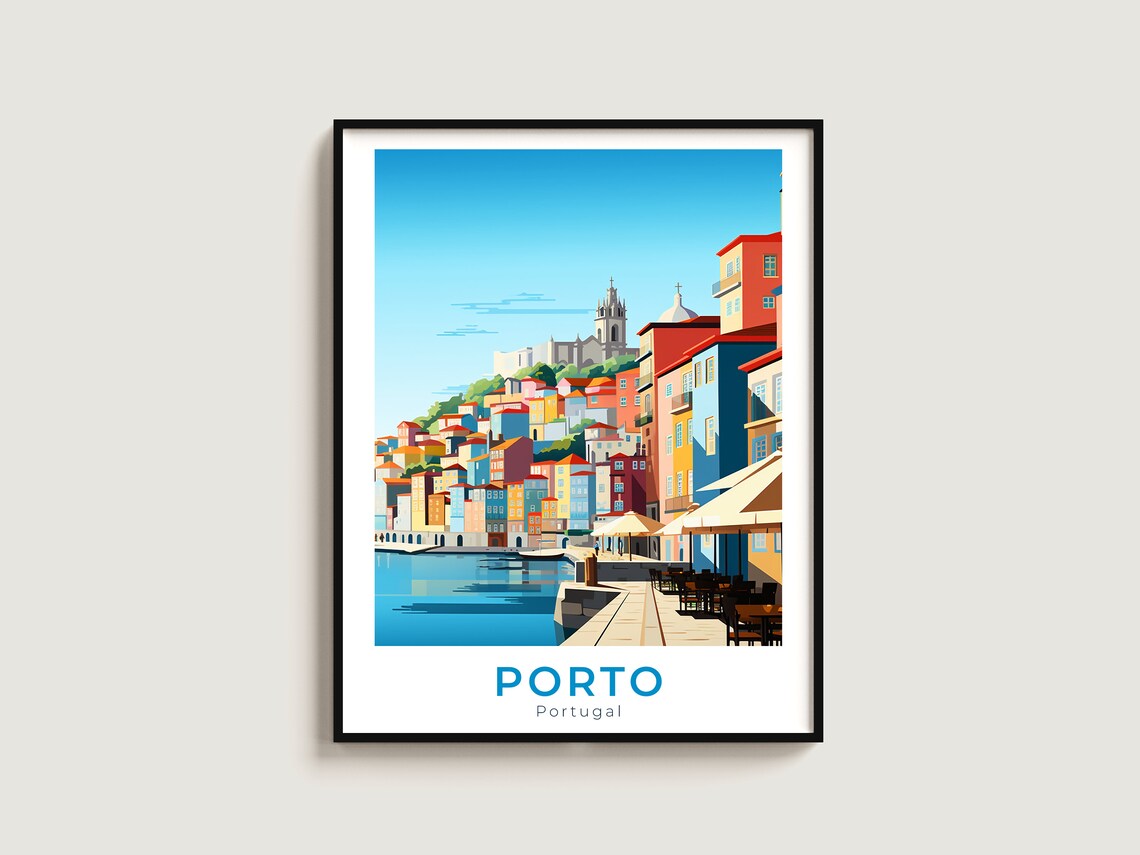 Porto Portugal Riverside Old Town Hillside Vintage Travel Poster