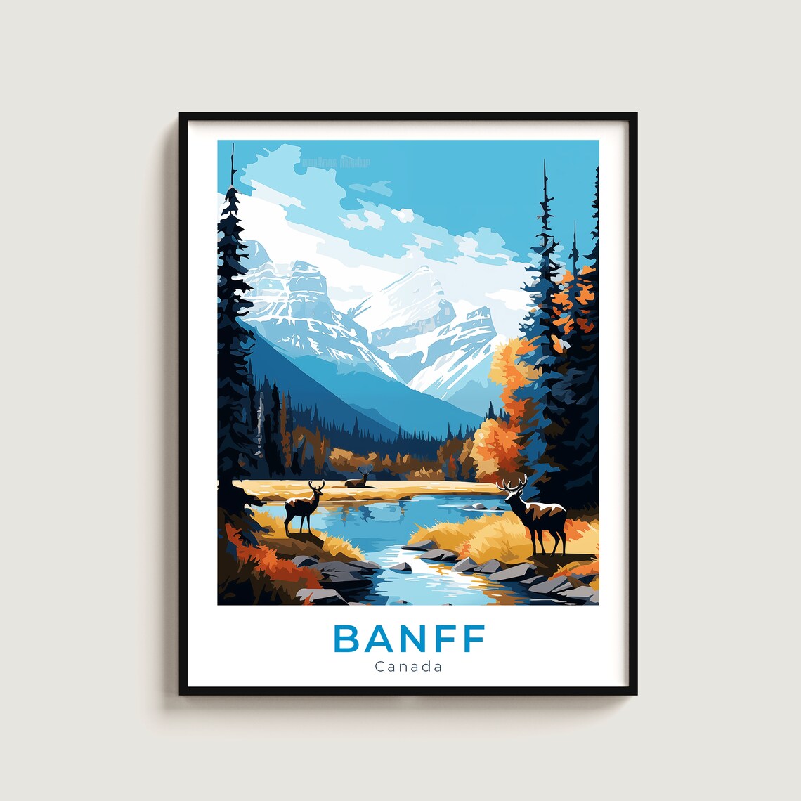 Banff Canada Autumn River Deer Snowy Peak Wildlife Travel Poster