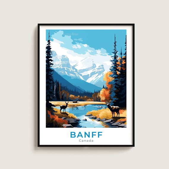 Banff Canada Autumn River Deer Snowy Peak Wildlife Travel Poster