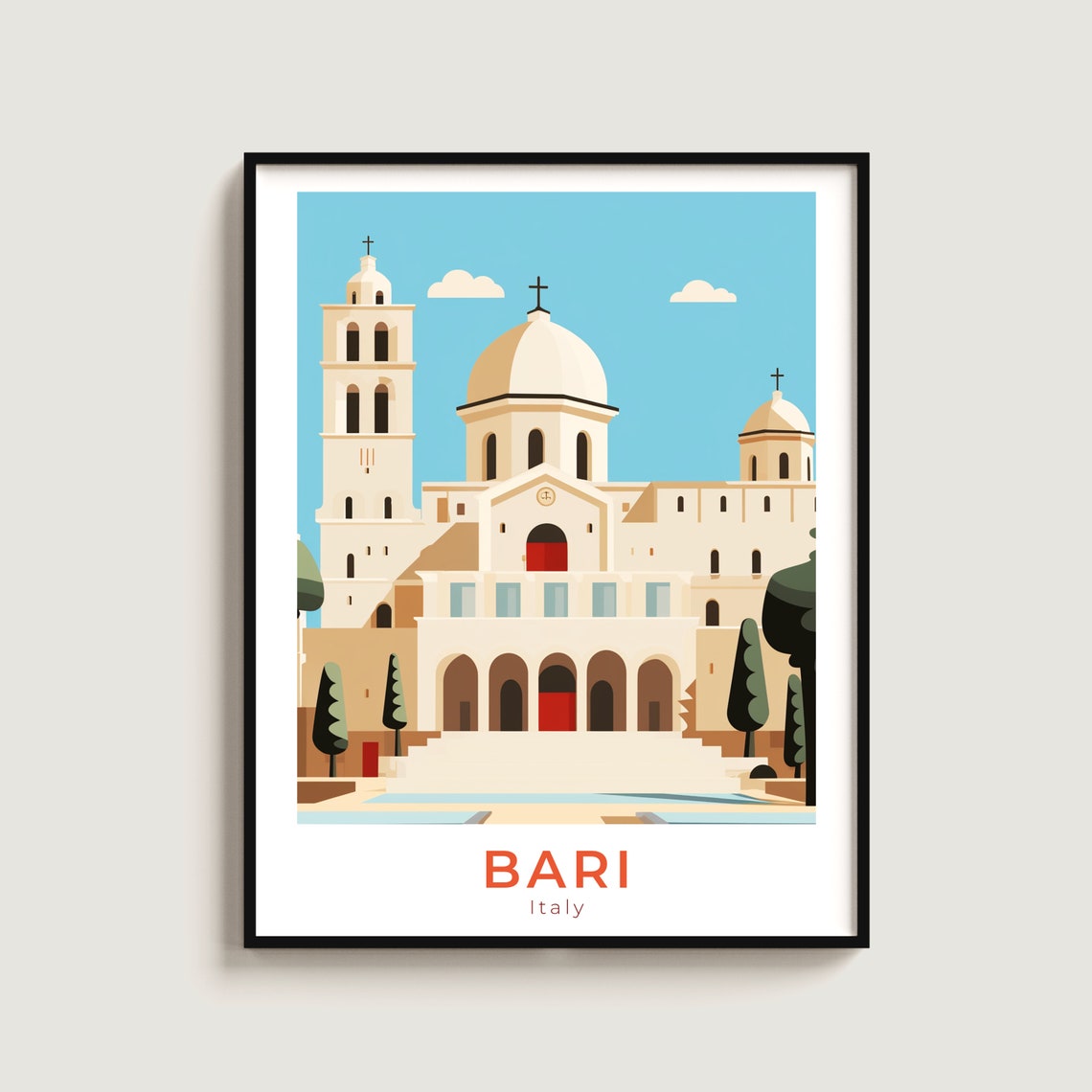 Bari Italy Basilica White Stone Facade Vintage Travel Poster
