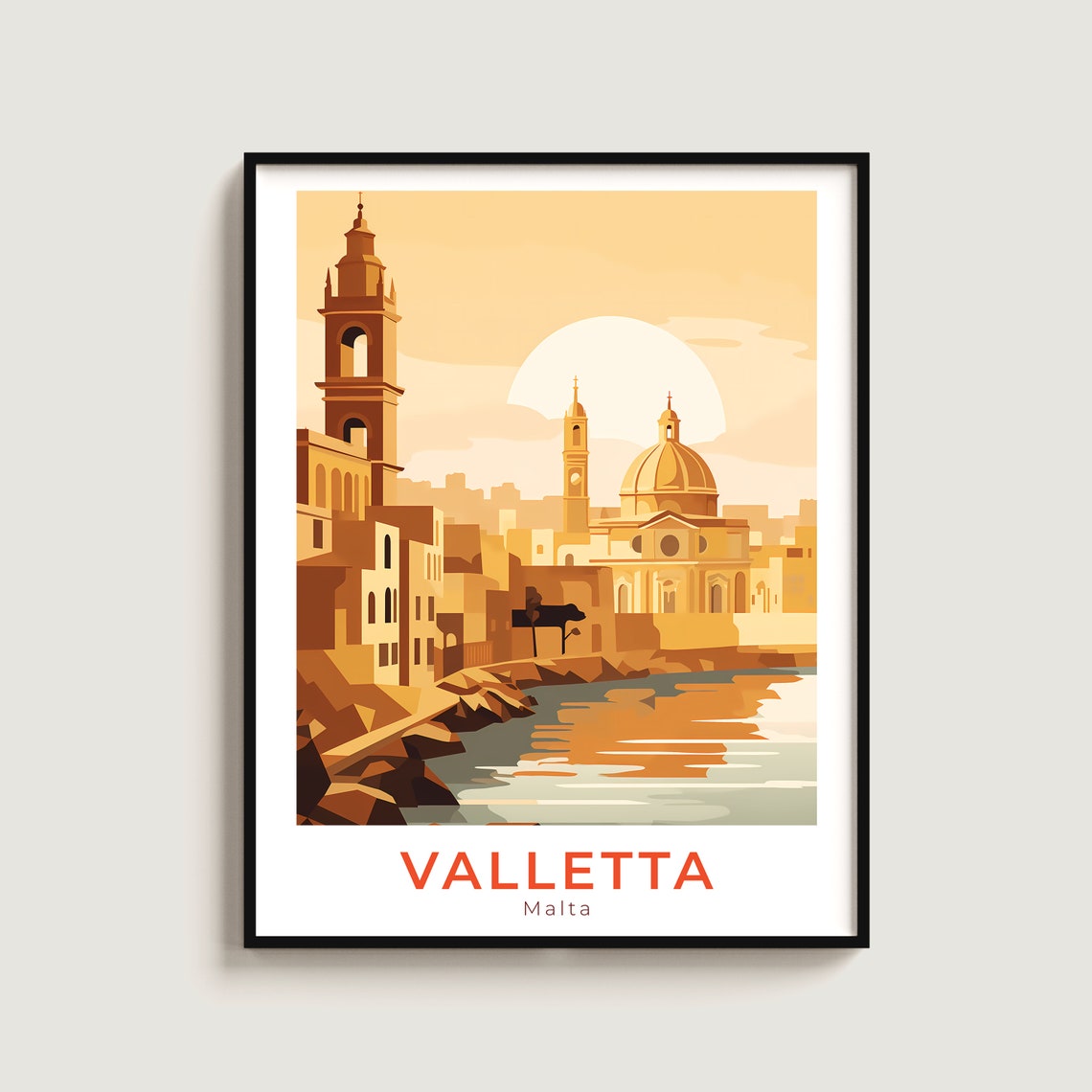 Valletta Malta Golden Sunset Harbor View Vintage Travel Poster