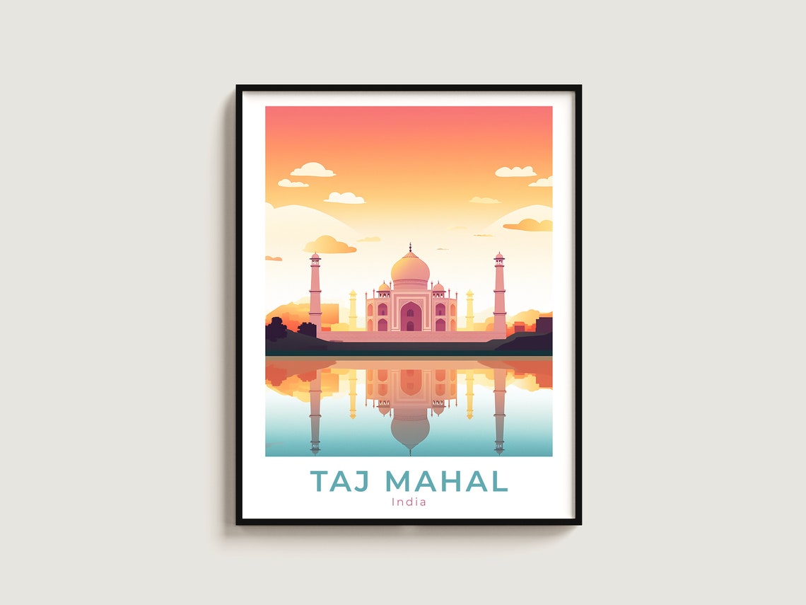 Taj Mahal India Sunset Reflection Marble Tomb Travel Art Poster
