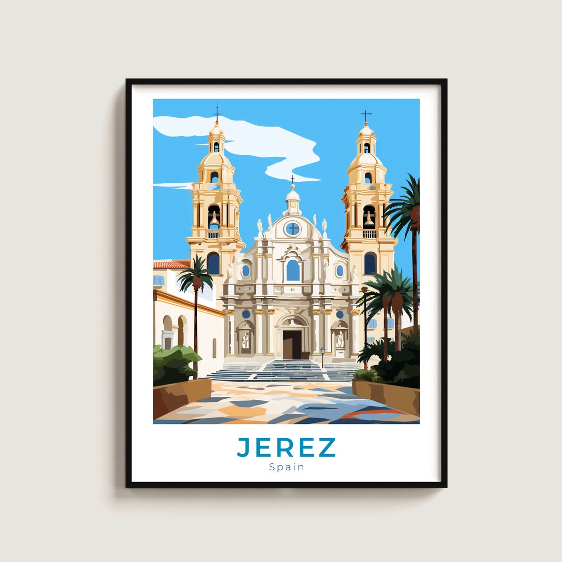 Jerez Spain Cathedral Twin Towers Palms Sunny Plaza Travel Poster
