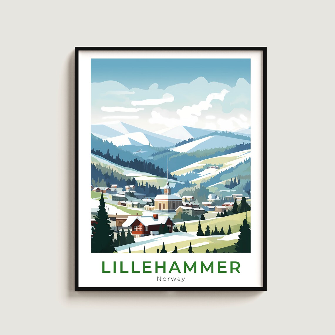 Lillehammer Norway Winter Town Church Spire Snowy Hills Travel Poster