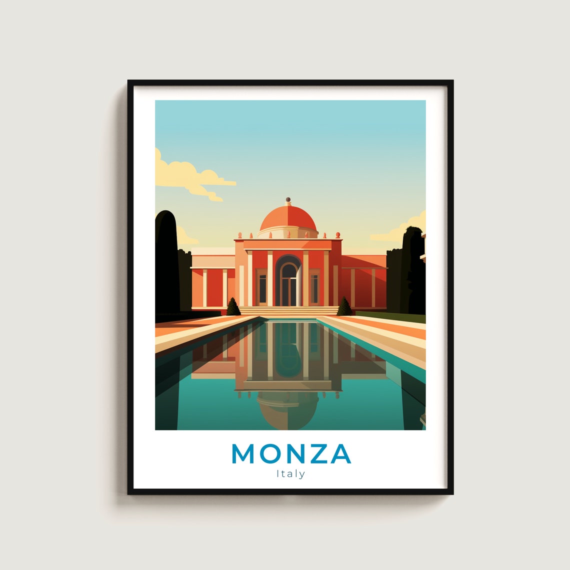 Monza Italy Royal Villa Reflecting Pool Vintage Travel Poster Art