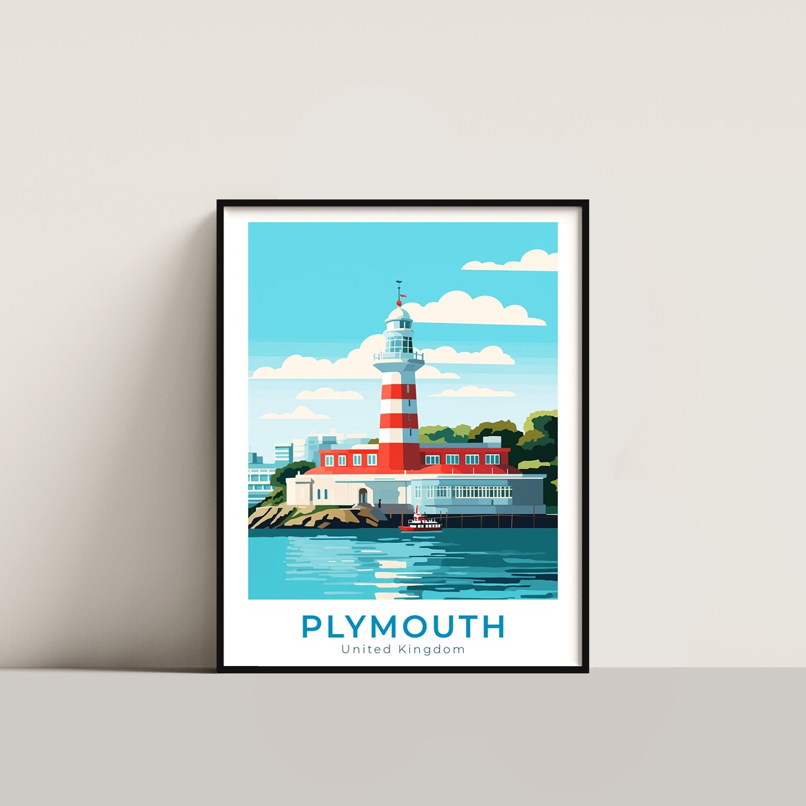 Plymouth United Kingdom Lighthouse Harbor Seaside Travel Poster