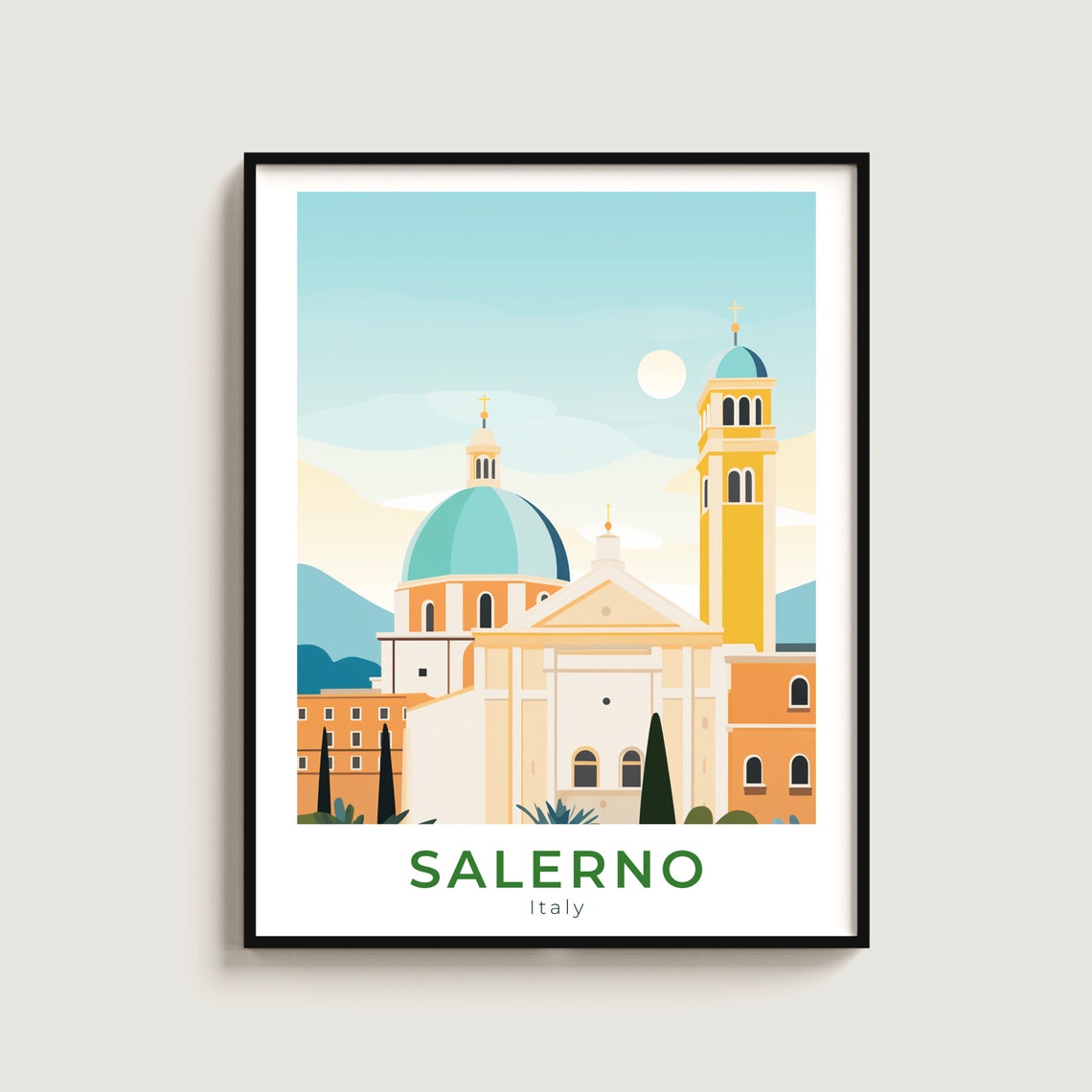 Salerno Italy Grand Cathedral Green Dome Bell Tower Facade Poster