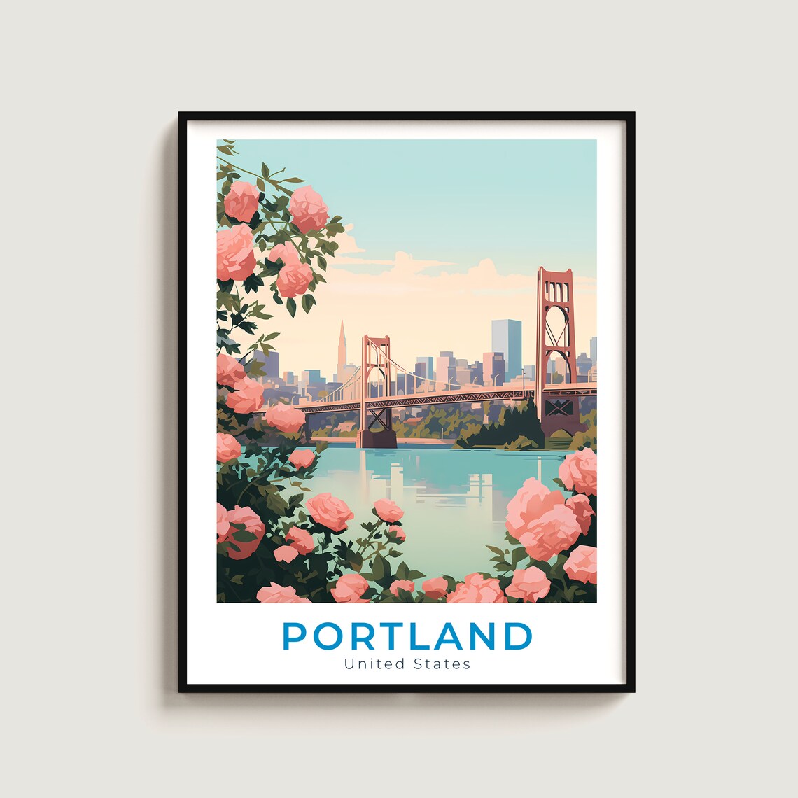 Portland Oregon Suspension Bridge Roses River Sunset Travel Poster