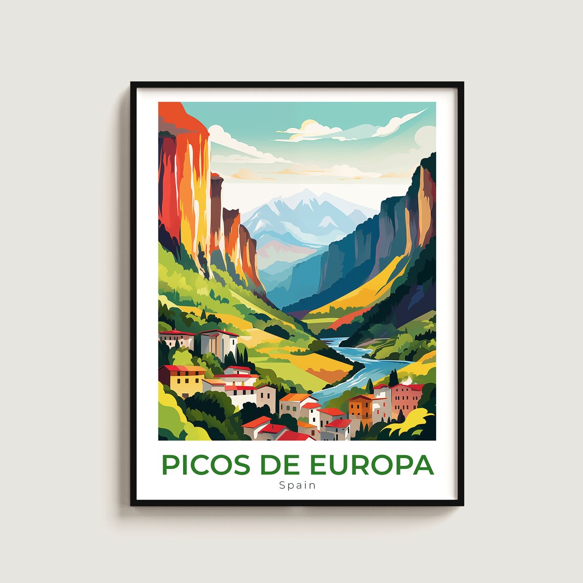 Picos de Europa Spain Mountain Village Valley Vintage Travel Poster
