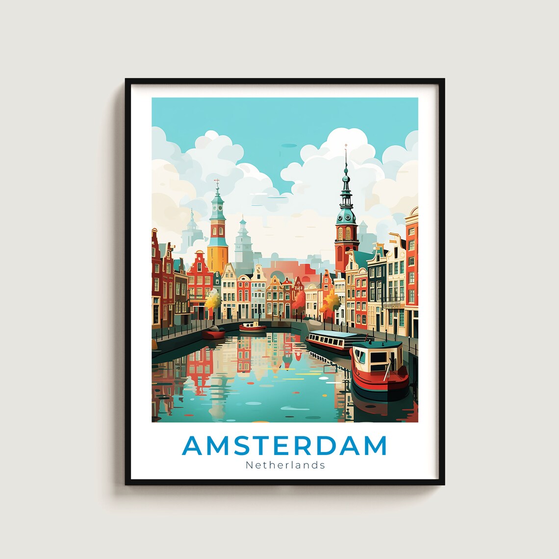 Amsterdam Netherlands Canal Houses Boats Reflection Travel Poster