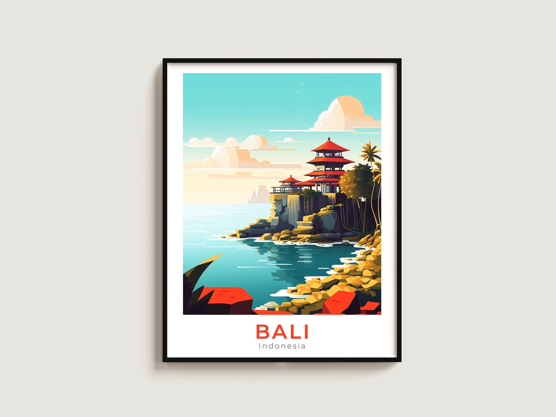 Bali Indonesia Cliff Temple Ocean Sunset Vintage Travel Poster