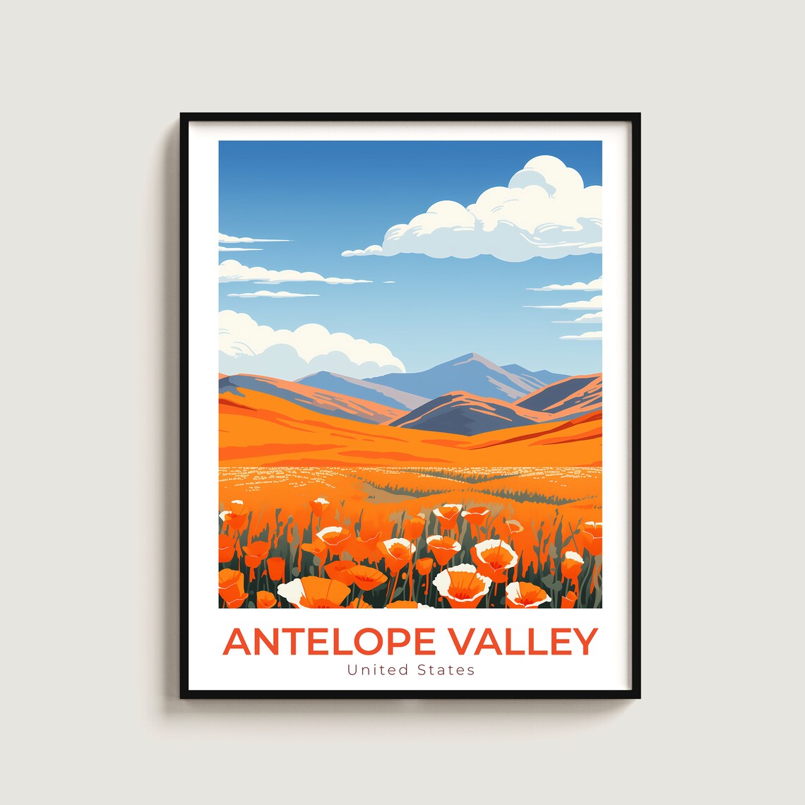 Antelope Valley USA Poppy Fields Travel Poster for Wildflower Decor
