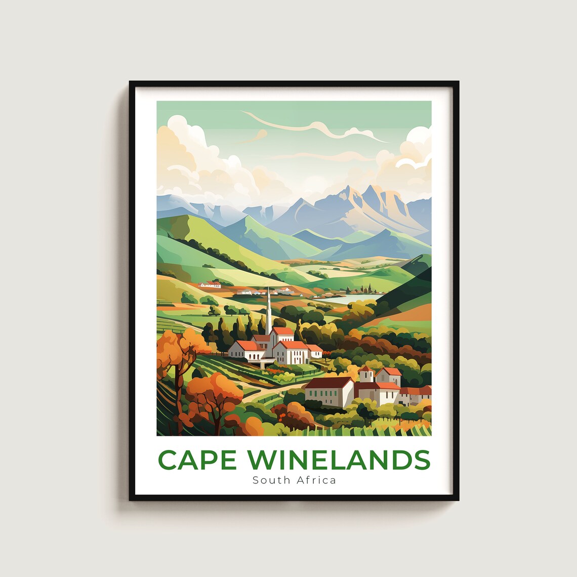 Cape Winelands South Africa Mountain Village Vineyard Travel Poster