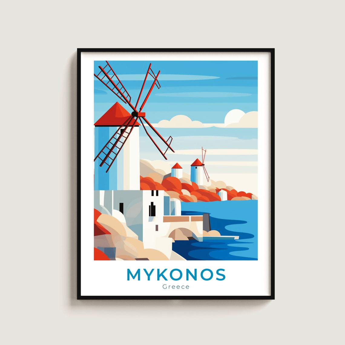 Mykonos Greece Iconic Windmills White Houses Sea Travel Poster Decor