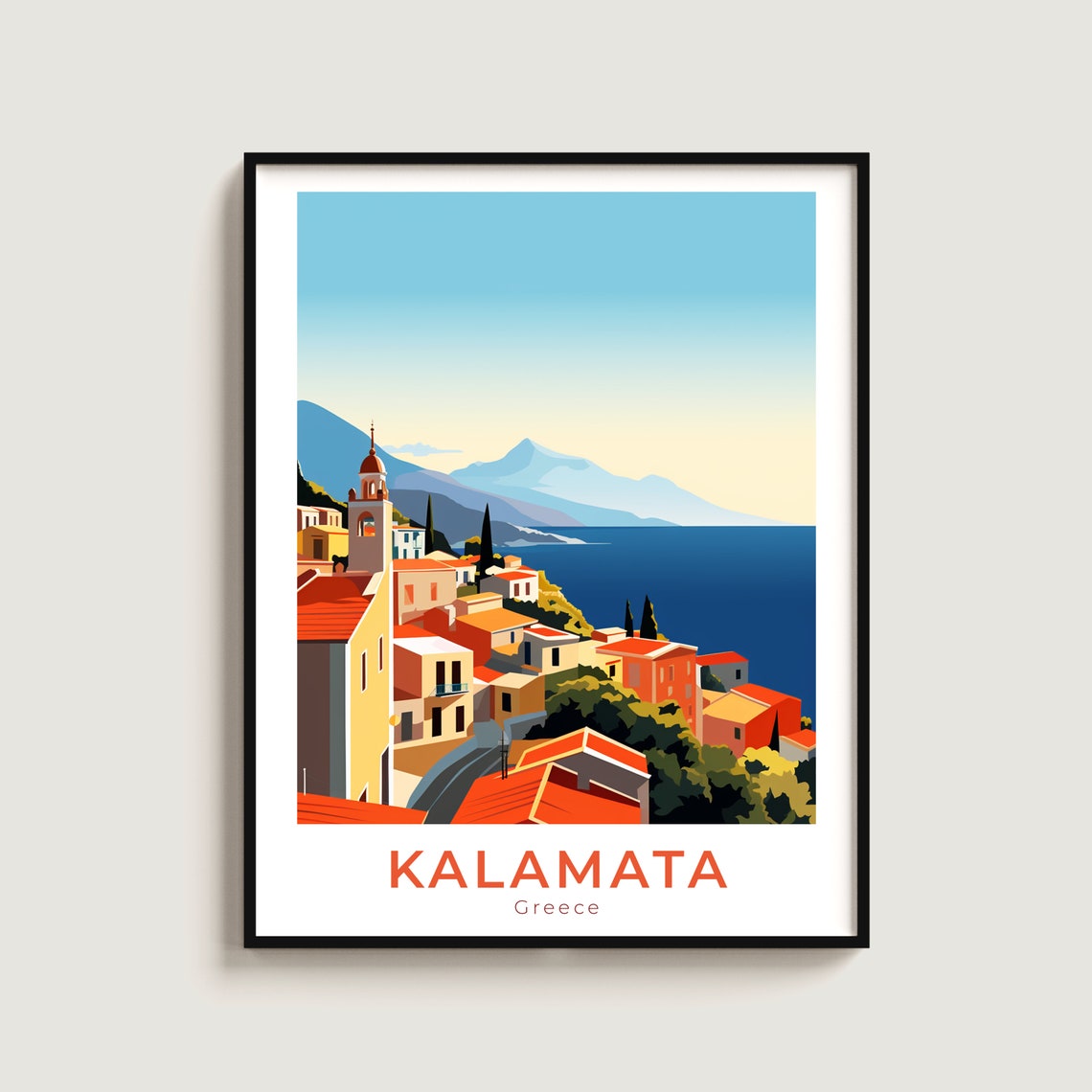 Kalamata Greece Coastal Town Church Tower Mountains Travel Poster