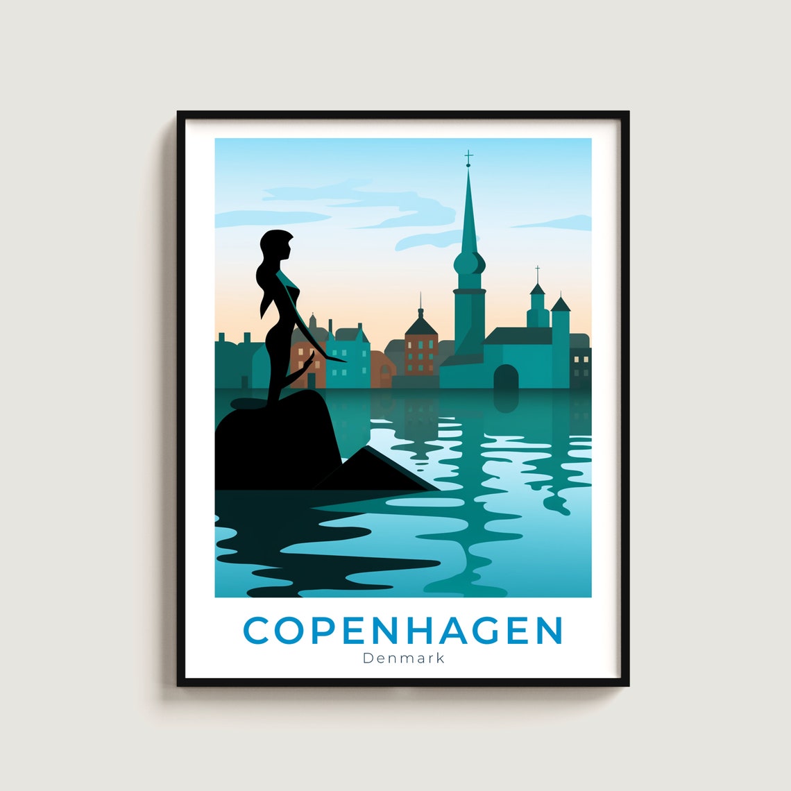 Copenhagen Denmark Little Mermaid Statue Harbor Sunset Travel Poster